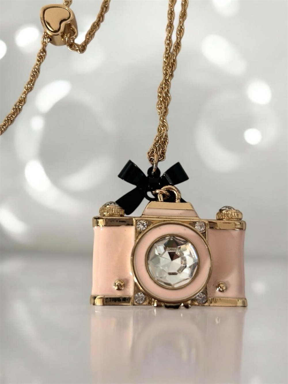 Betsey Johnson pink Camera with open screen Adjustable Necklace NWT